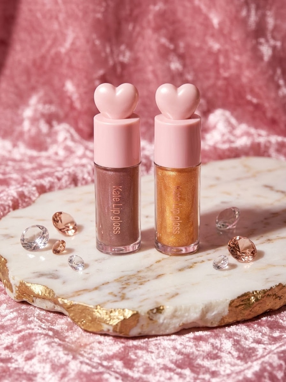 Sheer Shimmer Lip Gloss Duo — Pink Heart Caps in Rose & Gold